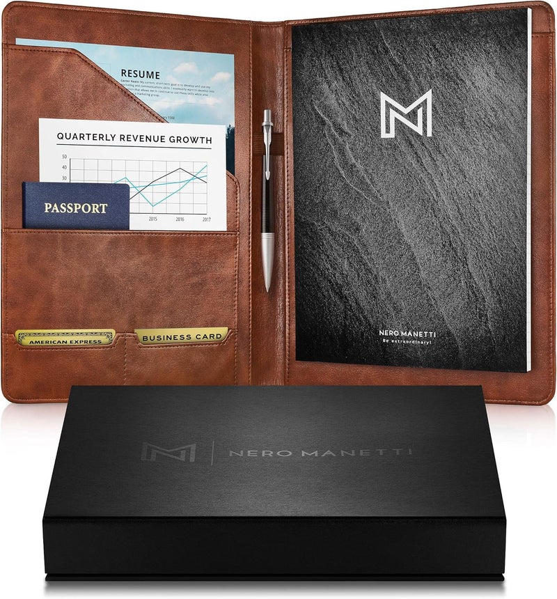 NERO MANETTI - Leather Portfolio Folder - Business PU Leather Notepad Holder for Resumes, Legal Pad Executive Binder, Professional Padfolio Notebook for Women/Men (Brown) - Image 1